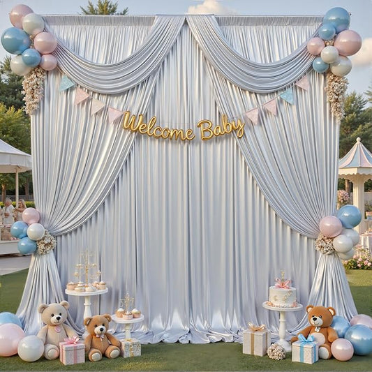 PartyVillage 10x10FT Silver Sequin Backdrop Curtain -2 Panels 5x10FT Wrinkle Free Shimmer Back Drop Cloth, Glitter Backdrop Drapes for Photography, Birthday, Wedding, Graduation Background