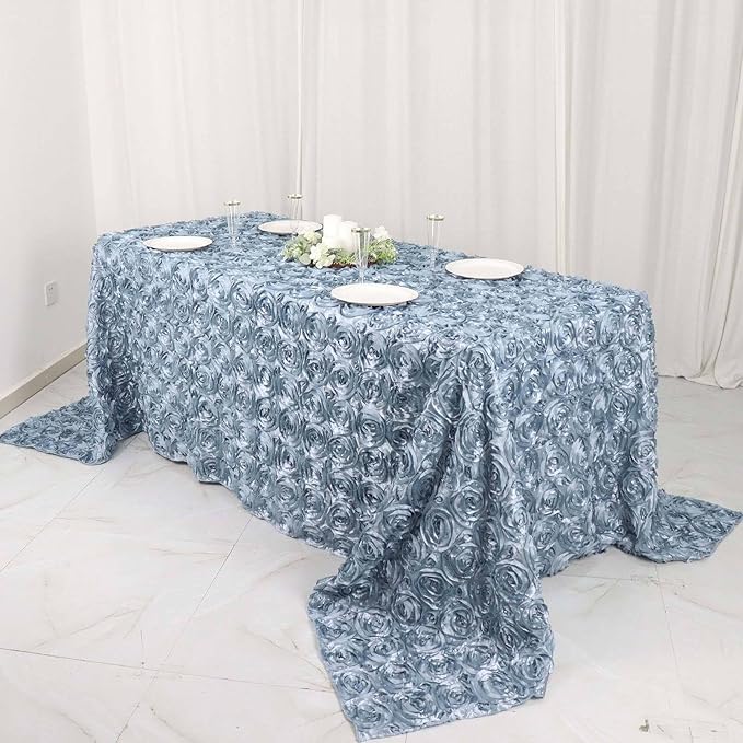 Efavormart 90"X132" Dusty Blue Grandiose 3D Rosette Satin Rectangle Tablecloth for Wedding Party Event