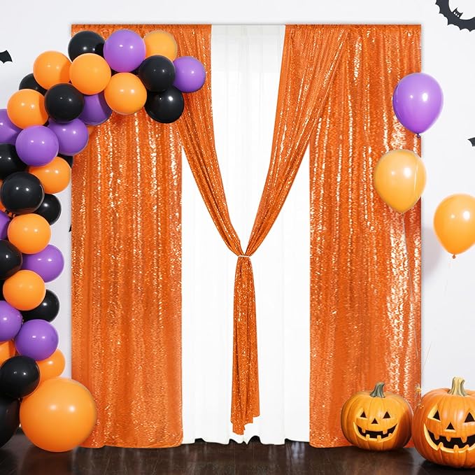 Eternal Beauty 4 PCS Sequin Backdrop Curtain, Halloween Sequin Wedding Backdrop for Christmas Party, Birthday (Orange 2FTx8FT)