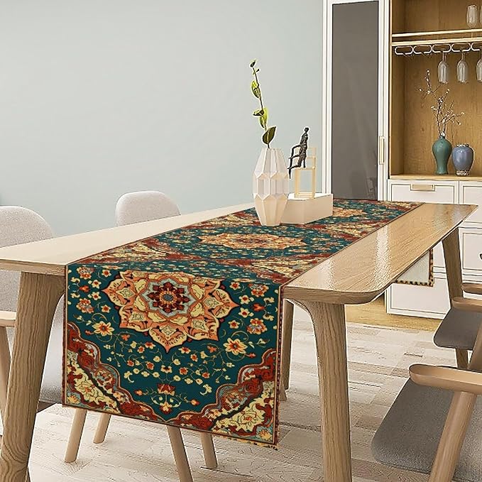 Boho Rich Table Runner, Vintage Blue Teal Gold Retro Flower Rustic Country Style Floral Print Pattern for Home Kitchen Table Decor Dining Coffee Room Garden Party Decor 13x36in