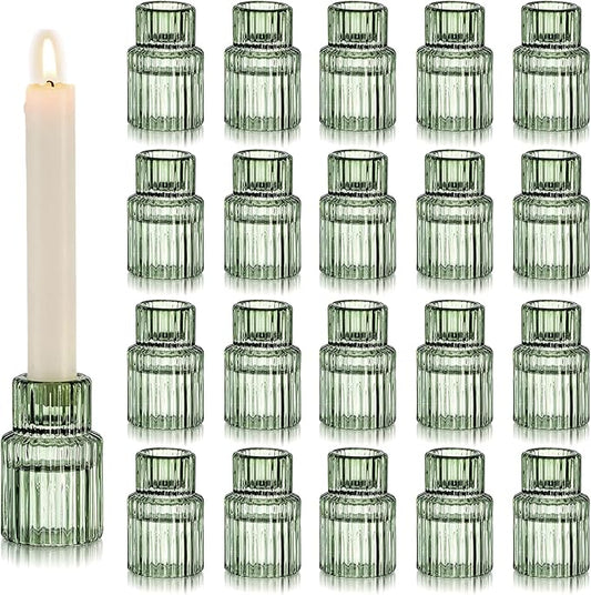 Hewory Glass Taper Candle Holders: 20 PCS Green Vintage Candle Holder Candlestick Holders Bulk, Ribbed Glass Candle Holder Candle Sticks Holder Decor for Table Centerpiece Wedding Christmas Home Decor