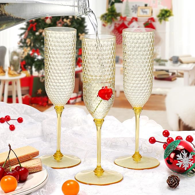 XUWAIDSGN 48 Pack Amber Detachable 2 piece Champagne Flutes 5.5 Oz Unbreakable Plastic Mimosa Disposable Champagne Glasses Drinking Cups Stemmed Reusable Wine Toasting Glasses for Wedding