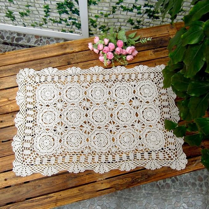 Cotton Handmade Crochet lace Table Runners Rectangular Tablecloth Doilies Doily Table Dresser Scarf Décor,19x23Inch,White