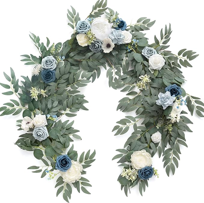 Ling's Moment Flower Garland - 6FT Eucalyptus & Rose - Sweetheart Table Decor for Wedding Reception, Artificial Arch Floral Garland for Mantle, Christmas, Beach Decoration, Dusty Blue & White