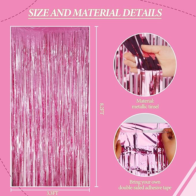 3 Pack Foil Fringe Backdrop - Pink Shiny Tinsel Curtains for Party Decoration/Photo Booth Props - 3.3x8.2 FT Metallic Foil Backdrop for Birthday, Wedding, Graduation, Christmas.