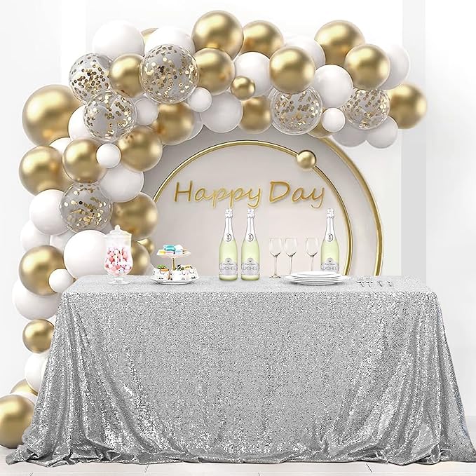 OQSQ Silver Sequins Tablecloth 60x102 inch, Sparkly Glitter Table Cover for Wedding Birthday Party Prom Decorations