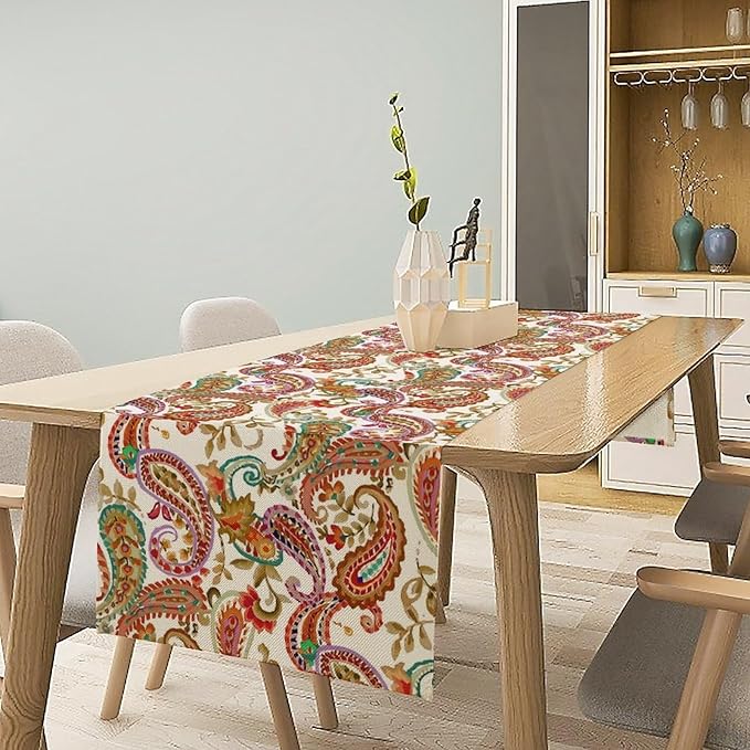 Colorful Paisley Table Runner, Boho Vintage Pink Red Teal Floral Leaves Print Table Runner for Home Kitchen Dining Table Holiday Party Decor, 13x108inch