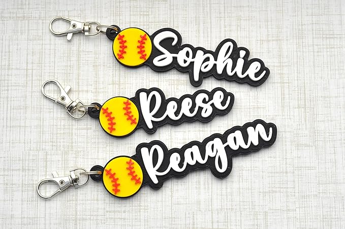 Personalized Softball bag tag for water bottles, sports, gym, and softball bags. Custom keychain for softball baseball coaches, players, and team party gifts.