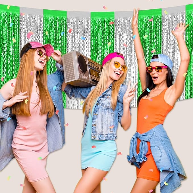 6 Pack 29x108 Inch Silver Green Wave Foil Fringe Table Skirts Metallic Banner for Tinsel Streamer Garland Backdrop for Parade Floats Wedding, Mother's Day, Birthday Mardi Gras Party Decorations
