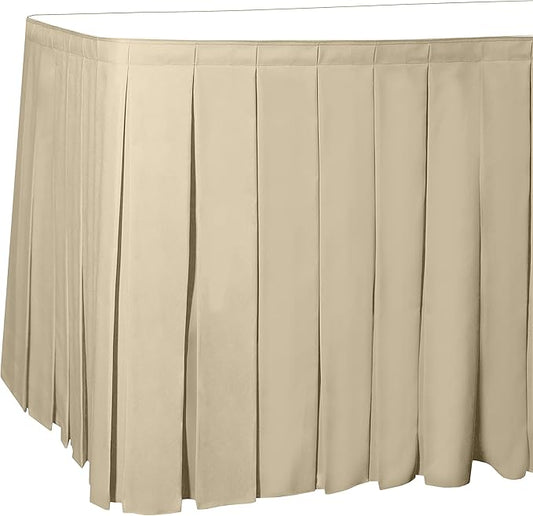 Ultimate Textile Pleat Polyester Fabric Table Skirt - Machine Washable Flame Resistant with Clips for Events, Weddings & Trade Shows, Cut & Sewn in Paterson, NJ - Tan, 17' Box Pleat