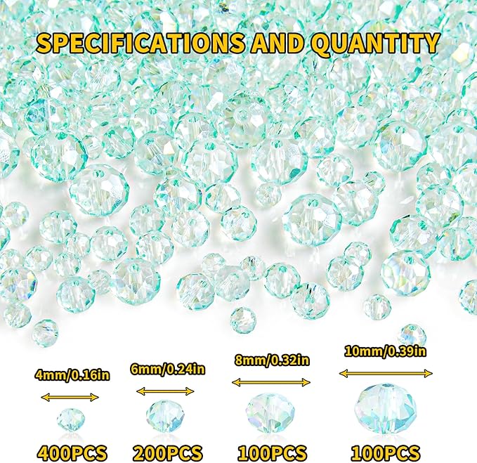 800Pcs 4/6/8/10mm Crystal Glass Beads for Jewelry Making Beads for Bracelets Necklace Pendants Making Supplies(Light Blue Green)