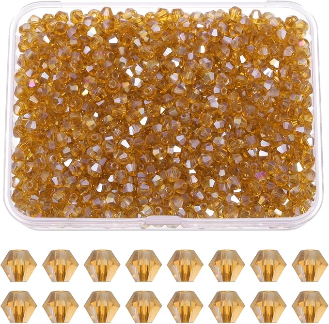 PATIKIL 1000pcs 4mm Bicone Glass Crystal Beads, Faceted Glass Spacer Beads with Box for Jewelry Making Bracelet Necklace Earrings DIY Suncatcher Craft, Amber AB