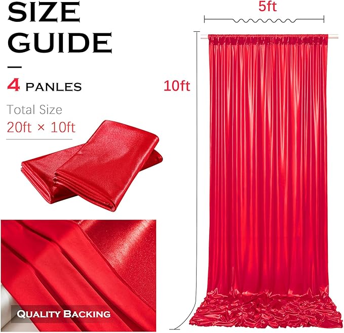 PartyVillage 20x10FT Red Sequin Christmas Backdrop Curtain -4 Panels 5x10FT Wrinkle Free Shimmer Back Drop Cloth, Glitter Backdrop Drapes for Photography, Birthday, Wedding, Christmas Background