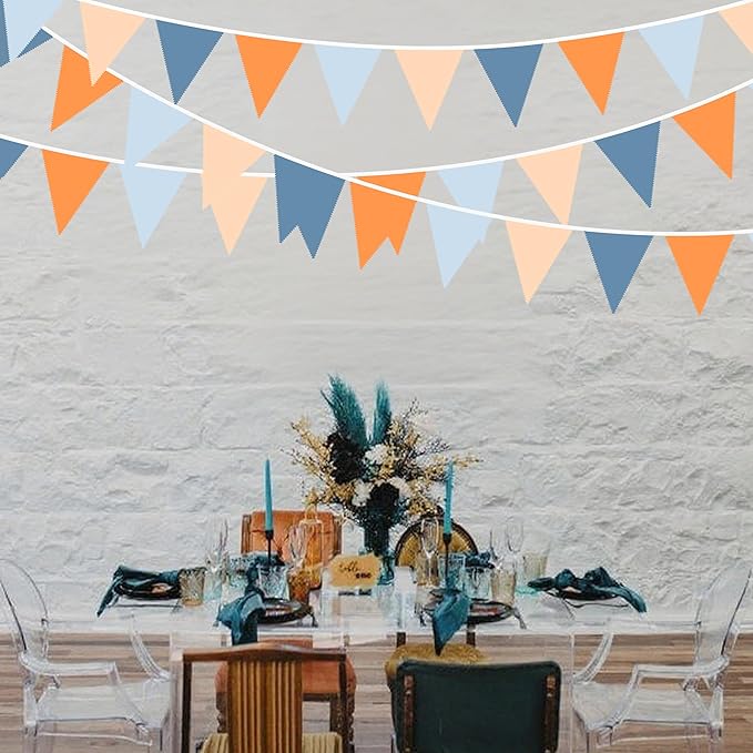 32Ft Orange Blue Party Decorations Dusty Blue Orange Pennant Banner Fabric Triangle Flag Garland Streamers for Dog Birthday Outer Space Baby Shower Home Nursery Outdoor Garden Decor Supplies