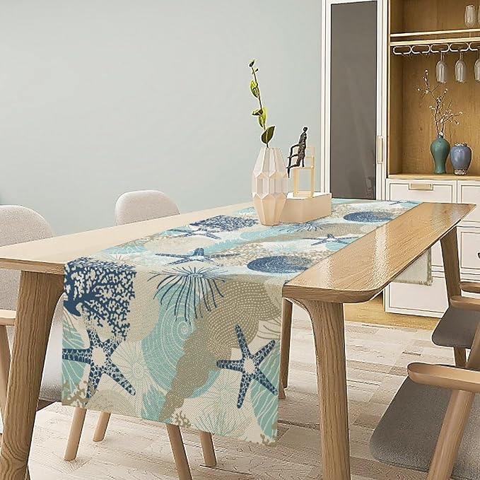 Nautical Coastal Table Runner，Ocean Themed Starfish Coral Conch Beach Kitchen Dinning Table Decoration for Indoor Outdoor Home Party Decor 13x70 Inch