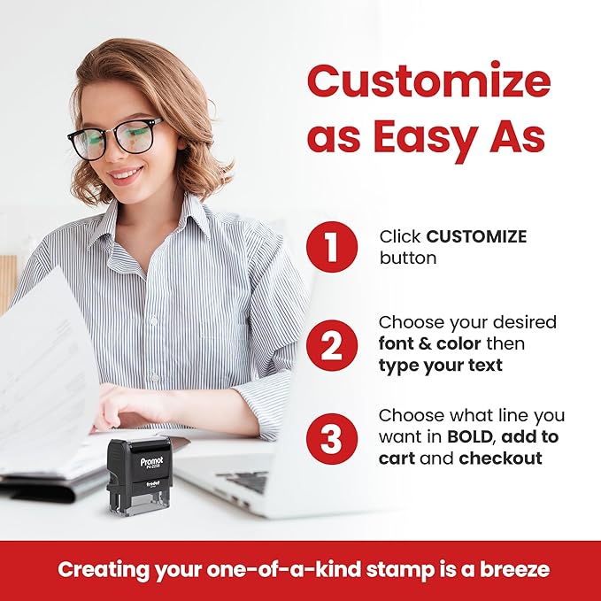Promot Self Inking 1 Line Custom Stamp - Personalized Name Stamp for Office, Teacher, Address & Business Label Stamp - Choose Font, Ink Color, Pad, Self Inking for Personal & Professional Use - Large