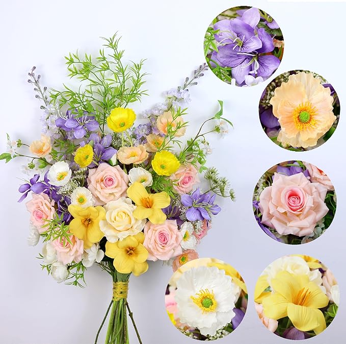 Artificial Flowers Bouquets for Bridal Wedding Home Decor Fake Floral Arrangements for Party Table Centerpieces DIY Silk Flower Set Spring Summer Indoor Outdoor (Combo Pink/Yellow)
