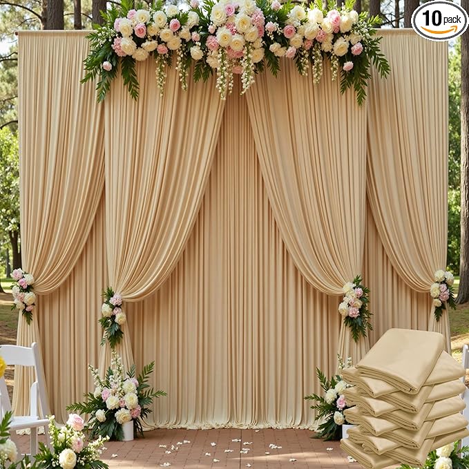 50ft x 15ft Beige Wrinkle Free Backdrop Curtains for Parties,Silky Polyester Fabric Wedding Ceiling Drapes, 10 Panels 15ft Photo Back Drop Drapes for Baby Shower Photography Stage Background Cloth
