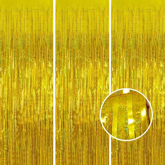 3 Pack Gold Foil Fringe Curtain,Birthday Backdrop Bachelorette Party Decorations 3.28X6.56 Feet Streamer Curtains for Parties Wedding Engagement Shower Graduation Decor