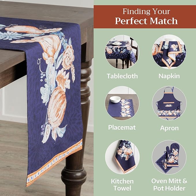 Maison d' Hermine Table Runner 100% Cotton Single Layer Table Runners 72 inches Long for Thanksgiving Christmas Decorations Home Kitchen Dining Party Wedding (Pumpkin Blues, 14.5" x 72")