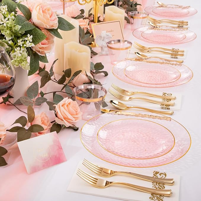 Rubtlamp 175 Pcs Pink Plastic Plates Dinnerware Set (25 Guests), Pink Disposable Plates With Gold Rim, Hammered Party Platos Set Include Dinner Plates, Dessert Plates, Cups, Cutlery for Party