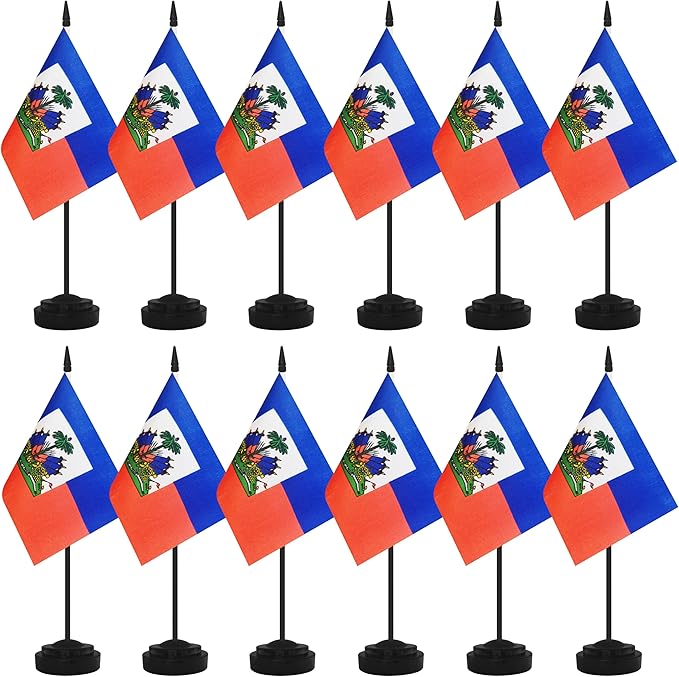 12 Pack Haiti Desk Flags, Haitian Desktop Flag, Small Miniature Office Flags with 12" Black Pole and Black Base, Offices, Classroom, Home, Festival Decoration (Haiti)