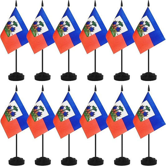 12 Pack Haiti Desk Flags, Haitian Desktop Flag, Small Miniature Office Flags with 12" Black Pole and Black Base, Offices, Classroom, Home, Festival Decoration (Haiti)
