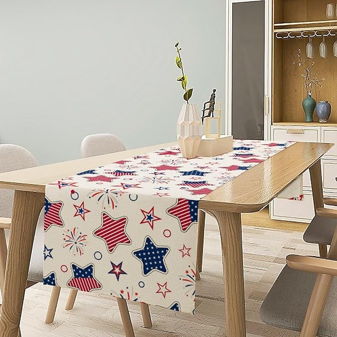 4th of July Table Runner, American Patriotic Independence Day Red Blue White Stars Stripes Fireworks Print Table Runner for Home Party Decor Kitchen Dining Table, 13x60inch
