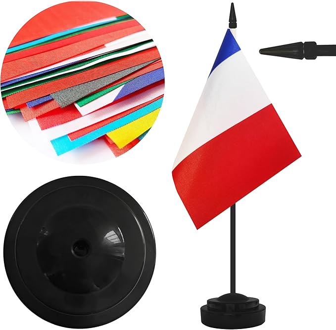 12 Pack France Desk Flags, French Desktop Flag, Small Miniature Office Flags with 12" Black Pole and Black Base, Offices, Classroom, Home, Festival Decoration (France)