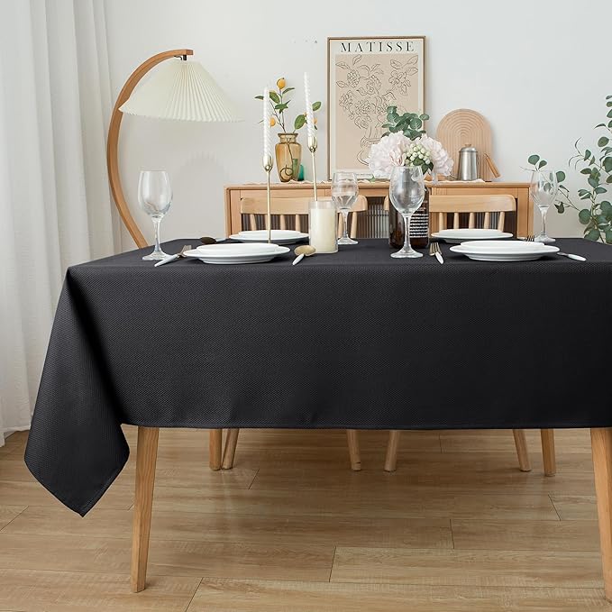 Biscaynebay Textured Fabric Tablecloths 52x70 Rectangular, Black Water Resistant Spill Proof Tablecloths for Dining, Kitchen, Wedding and Parties, Machine Washable