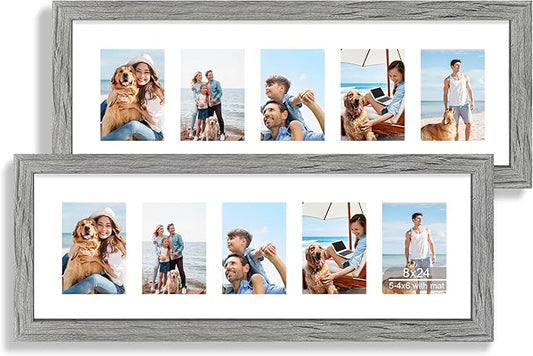 8x24 Picture Frame 2 Pack, Rustic Grey Wood Frame with Tempered Glass, Display Pictures Multiple Five 4x6 With Mat or 8 x 24 Without Mat - Horizontal or Vertical Wall Mounting
