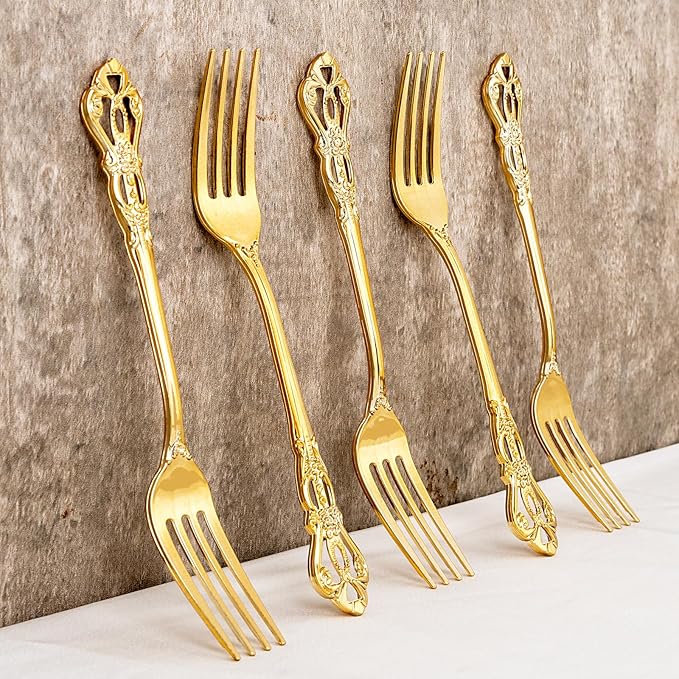 75PCS Gold Plastic Forks - 8.1inch Gold Forks Disposable - Vintage Heavy Duty Dessert Forks - Premium Fancy Plastic Silverware for Parties, Weddings, Dinners and Events