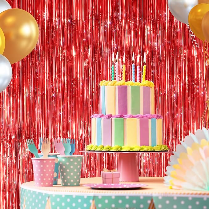 2 Pack Red Metallic Tinsel Foil Fringe Curtains, Door Streamers Photo Booth Backdrop for Birthday Party, Tinsel Curtain Backdrop for Baby Shower Bachelorette Christmas Party Decorations