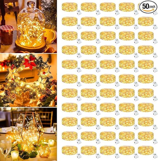 50 Pack Fairy Lights Battery Operated - 7ft 20 Led Twinkle Lights 3 Modes, Bulk Mini String Lights Waterproof for Mason Jars Vases DIY Party Wedding Decoration Christmas -Warm White