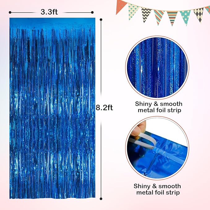 Blue Metallic Tinsel Foil Fringe Curtains, 2 Pack 3.3x8.3 Feet Party Streamer Curtains for Birthday Party Decorations, Halloween Decor, Foil Curtain Backdrop for Bachelorette Party
