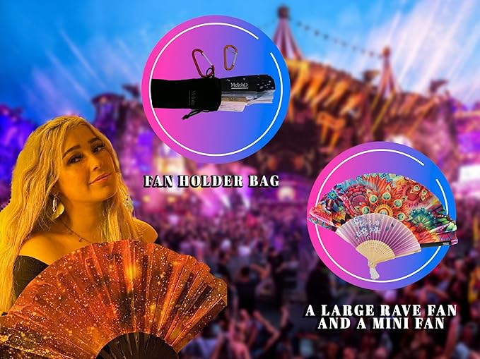 Rave Fan - Large Folding Fans (2 Pack) - Galaxy Rave Accessories for Festivals, EDM, Burlesque, Drag Queen, Raver Gifts