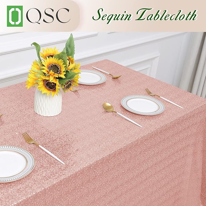 OQSQ Rosegold Rectangle Sequin Tablecloth - 60x102 inch, Glitter Drape Table Cloth, Sparkle Sequence Table Overlays for Wedding Birthday Party Baby Bridal Shower