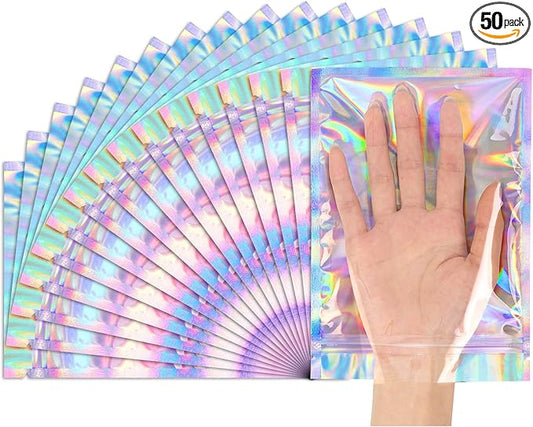 Funfery 50 pcs Mylar Holographic Bags Clear Window Resealable Bags,Foil Bag with Zipper,Sealing Pouch Smell Proof Packaging Bags for Food Storage,Candy,Party Favor Sample Business Supplies(5.5x7.9in)