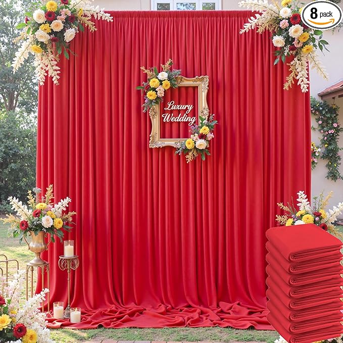 40×12ft Wrinkle Free Red Backdrop Curtain for Wedding Parties,8 Panels 5×12ft Long Soft Silky Polyester Backdrop Drapes Red Photo Back Drop Curtains for Photography Stage Christmas Background Cloth