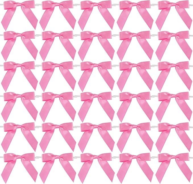 AIMUDI Hot Pink Bows 2.5" Pink Ribbon Valentine's Day Twist Tie Bow Pre Tied Bows Premade Bows for Crafts Treat Bags Cake Pop Party Decorations Candy Apple Box Wedding - 50 Counts