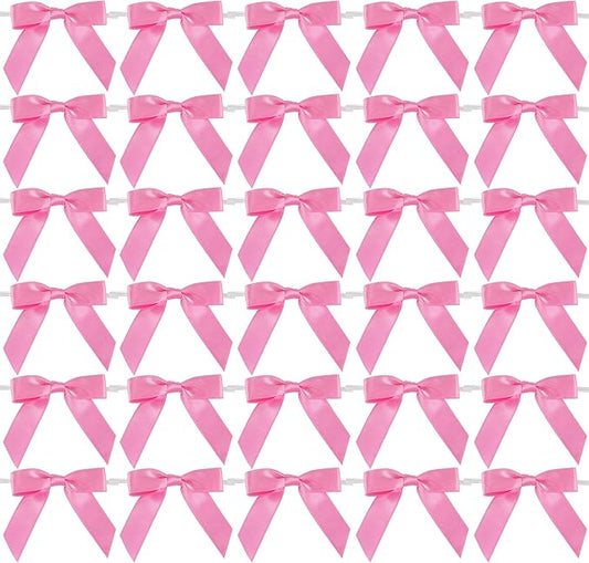 AIMUDI Hot Pink Bows 2.5" Pink Ribbon Valentine's Day Twist Tie Bow Pre Tied Bows Premade Bows for Crafts Treat Bags Cake Pop Party Decorations Candy Apple Box Wedding - 50 Counts