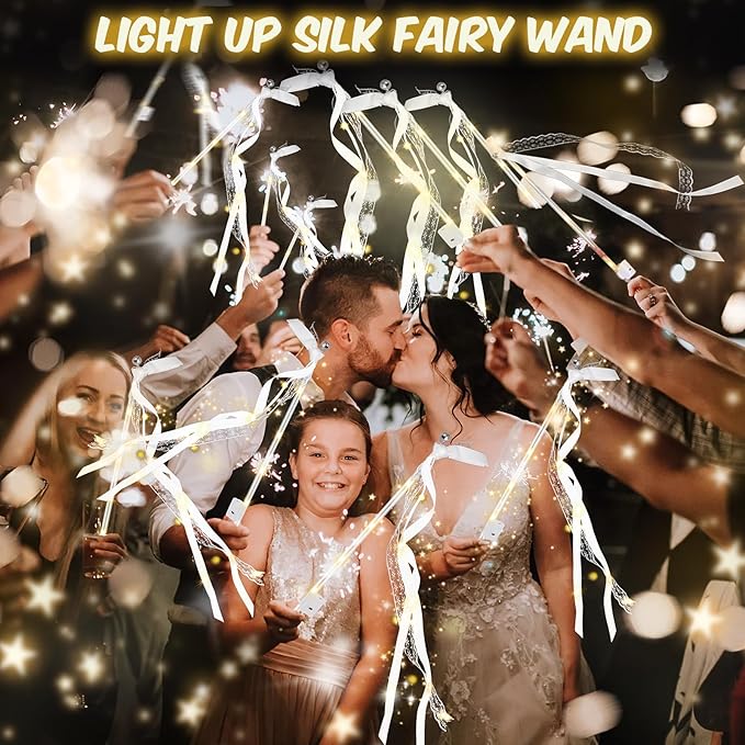 100PCS Light up Wands for wedding, Wedding Wands Streamers with 3 Colorful Flashing Modes, Fairy Wands, LED Silk Fairy Wand with Bells for Wedding, New Year, Thanksgiving, Concert