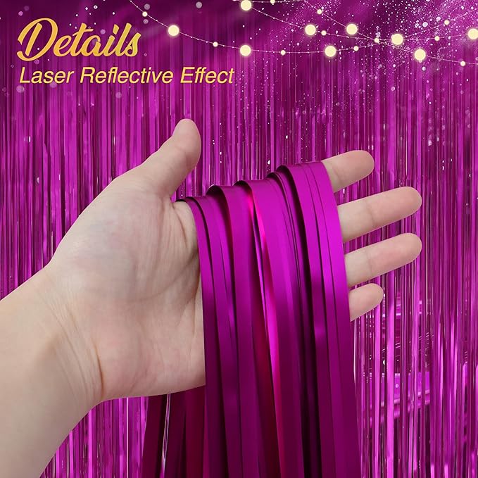 2 Pack Metallic Fuchsia Fringe Backdrop, 3.2x8.2ft Shining Foil Tinsel Curtains, Birthday Party Decorations Door Streamers for Halloween, Christmas, Wedding, Graduation, Holiday, Theme Events