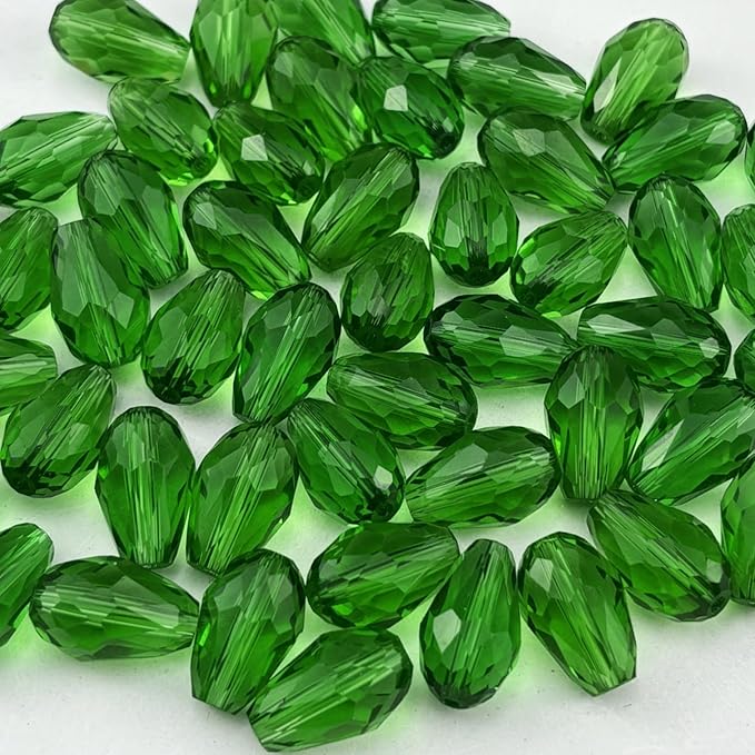 50pcs 10x15mm Teardrop Crystal Glass Beads for Jewelry Making, Faceted Vertical Hole Teardrop Glass Spacer Beads for Wind Chimes Bracelet Earring Necklace DIY Craft(Grass Green)