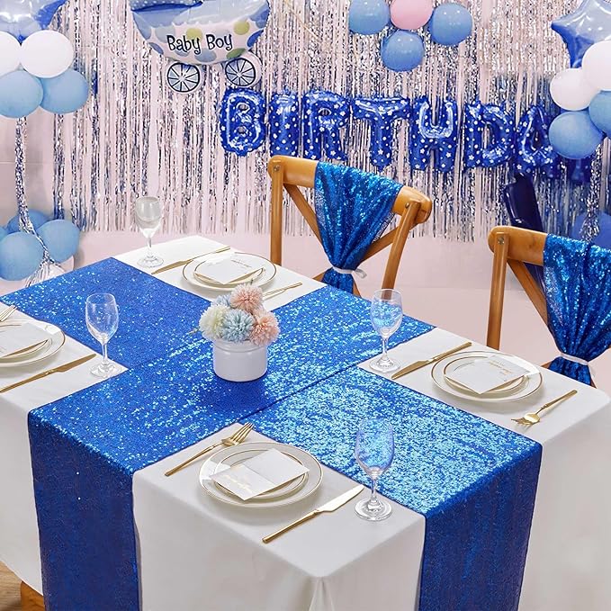 Glitter Sequin Table Runners Royal Blue 10 Pieces 12x108 Inches Sequin Fabric Shimmer Table Runner for Baby Shower Banquet Wedding Table Decorations