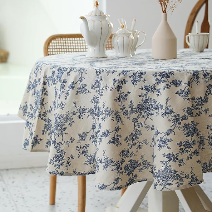 Pastoral Round Tablecloth - 60 Inch Dia. - Beige Linen Table Cloth - Washable Table Cover with Dust-Proof Wrinkle Resistant for Restaurant, Picnic, Indoor and Outdoor Dining, Floral (Dark Blue)