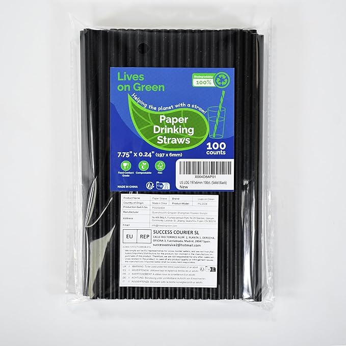 Disposable Black Paper Drinking Straws - 100 Counts, 7.75'' x 0.24'' - for Cocktaill, Coffee, Beverage, Bars, Restaurants