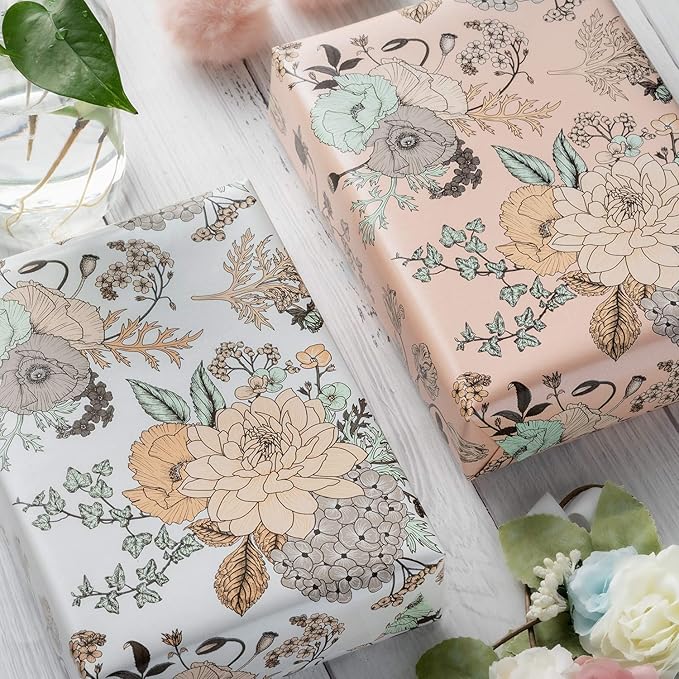 WRAPAHOLIC 30 Inch Jumbo Floral Wrapping Paper - 30 Inch X 33 Feet - Vintage Floral Printed on White Pearlized Paper Design for Wedding, Birthday, Mother's Day