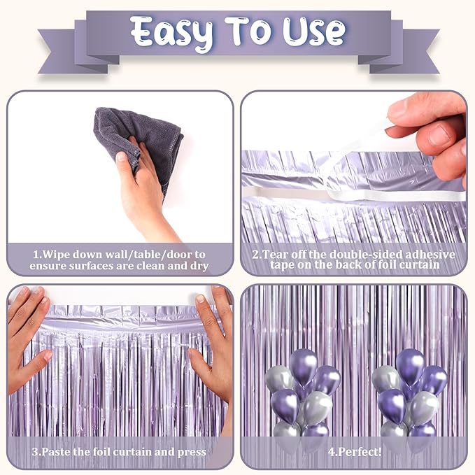 3 Pack 3.3 x 8.2 ft Light Purple Foil Fringe Backdrop Curtains, Tinsel Streamers Party Decorations, Fringe Backdrop, Door Shimmer for Baby Shower or Birthday Party