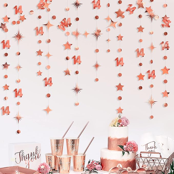 52Ft Rose Gold 14th Birthday Decorations Number 14 Circle Dot Star Garland Metallic Hanging Streamer Banner Backdrop for Girls Happy 14 Year Old Fabulous Birthday Fourteen Anniversary Party Supplies